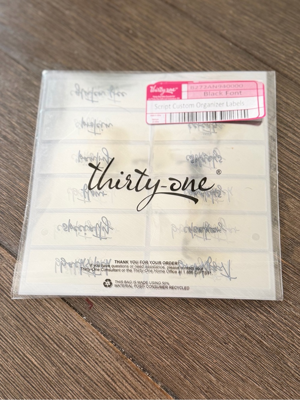 thirty-one Script Organizer Labels in Clear with Black Script